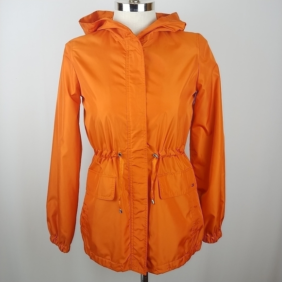 Ellen Tracy Hooded Rain Jacket XS Orange Full Zip Hip Length - Picture 1 of 8